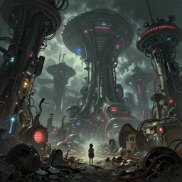 beautiful low angle painting of ab alien world with unknown structures and technolog, steampunk, wires everywhere, junk on the ground, neon lights, a tiny girl watching on, moody atmosphere, epic composition, dramatic lighting, trending on artstation, octane render, by robert zemeckis
