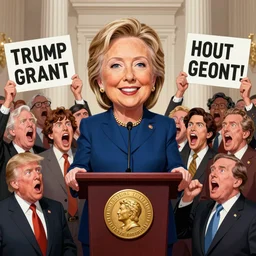 an political caricature of hilary clinton and donald trump at a podium surrounded by a crowd of angry screaming protestors with signs, by gerald scarf and ralph steadman, illustration, ink drips, front angle, ink splatters, pen and ink, flat color, drawing, facing front, anatomically correct, beautiful perfect face, sharp focus, highly detailed, cinematic lighting, 8 k, hd