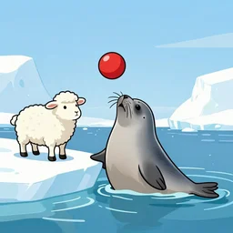 cartoon drawing of a seal tossing a red ball with a white lamb in antarctica. the seal's head is sticking out above the water and the sheep is standing near the edge of ice