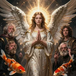 hyper realistic photography portrait of medieval religious occult space angel koi fish cinematic, brom, moebius, peter mohrbacher, juan gimenez, james gurney, greg rutkowski comic cover artstation