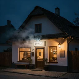 exterior photo of dracula's trendy new coffee shop in a small transylvanian village at night, gloomy, moody, smoky, cinematic, architectural photography, 4 k, dslr