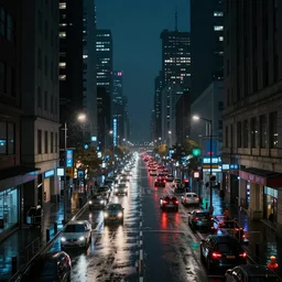 a city street at night, raining, photograph, cars on the road, cyberpunk,