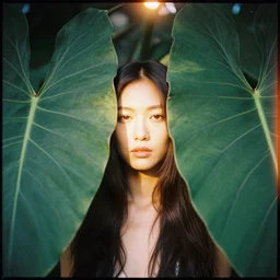 A color analog 35mm film photography portrait of a woman behind wide big leaves. mysterious look. long hair. Agfa Vista 800 film. detailed. hq. realistic. warm light. lens flare. helios 44m.