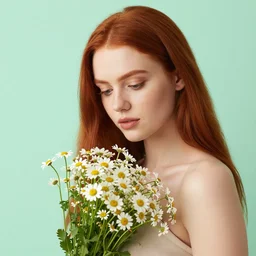 a closeup portrait of slim, young woman, long straight red hair, holding a bouquet of daisies, she is looking down, soft mint green backdrop