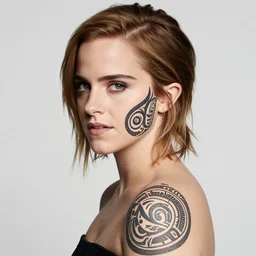studio color photo of emma watson with a maori facial tattoo