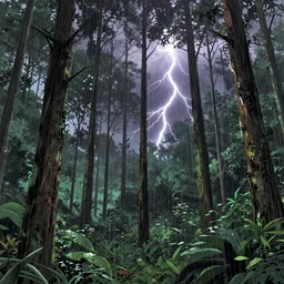 a rain forest with extremely thin tall trees, dense, very epic atmosphere, tropical downpour of rain an lightning by asher brown durand, by yoshitaka amano