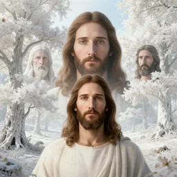 a fantasy landscape with white beautiful trees and jesus standing closeup, perfect faces