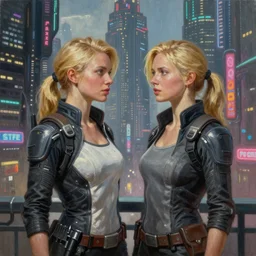 blonde haired female lady wearing tech wear with a gun holster looking at a bank in a cyberpunk city full of high rise buildings and neon signs by Daniel F. Gerhartz, hyperrealistic oil painting, 4k, very detailed faces, studio lightning, hard focus, beautiful volumetric lighting, epic light, ultra detailed