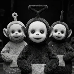 evil teletubbies portrait, horror, very very very very scary, black and white, scp foundation, digital art, concept art, trending on artstation