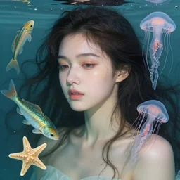 portrait of the gorgeous young goddess of the decaying water, unusually unique beauty, with swimming fish, small jellyfish, starfish, emotionally evoking symbolic metaphors, head in focus, fantasy, ornamental, intricate, elegant, sensual, highly detailed digital painting, artstation, concept art, painterly, golden ratio, sharp focus, illustration, art by tomasz alen kopera and alphonse mucha and zdzisław beksinski,