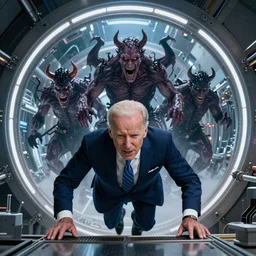 The monster Joe BIDEN crawling out of The Large Hadron Collider at cern with a bunch of demons behind him