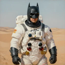 hyper realistic portrait of batman in desert, wearing astronaut outfit, 35mm, painting by John berkey