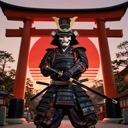 a godlike and indomitable helmeted and masked samurai posing with their realistic detailed katana and wakizashi under an enormous Torii gate, the Japanese red rising sun in the coming up in background. Badass pose. Photo realistic. Award winning. Masterpiece, exquisite detail, post processing