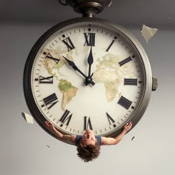 here is a giant clock and watch world hanging upside down. everything is gradually crumbling, anton fadeev, 3 d, overhead lens
