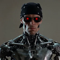 film still of the terminator wearing a black bandana and sunglasses, half cyborg exoskeleton, film grain, menacing red orb eyes