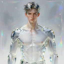 portrait of a beautiful young fit man made of glass, shiny reflective surfaces, luminous scene, by greg rutkowski and alphonse mucha, d & d character, gradient white to silver, in front of an iridescent background, highly detailed portrait, digital painting, artstation, concept art, smooth, sharp focus ilustration, artstation hq
