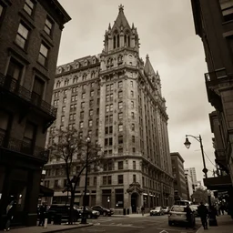 tall gothic hotel in 1920s boston overlooking a dark street, lovecraft, sepia, paul carrick, photorealistic, dark W- 512