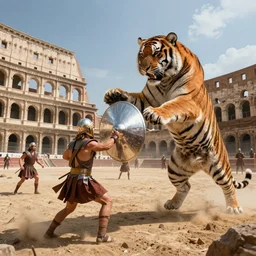 incredible screenshot, huge Siberian tiger  tiger tiger tiger tiger tiger tiger tiger tiger tiger tiger tiger tiger tiger attacking a roman gladiator holding a reflective silver circle shield defensive fighting in a sandy arena in the  Colosseum,  dynamic camera angle, deep 3 point perspective, fish eye, dynamic scene, by phil hale, ashley wood, craig mullins, Jean-Leon Gerome, 8k, hd, high resolution print