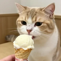 realistic photo of a cute cat eating ice cream