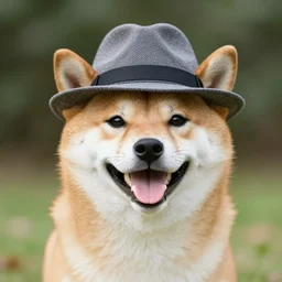 A happy shiba inu wearing a fedora