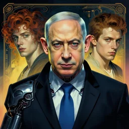 cyberpunk portrait of benjamin netanyahu as a cyborg, by clint cearley and ashley wood and alphonse mucha