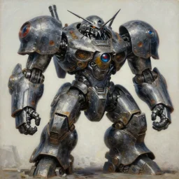 an intricate oil painting of a giant scrap metal anime armored tank humanoid mecha with rounded components by simon stalenhag