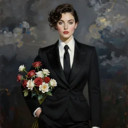 woman, dressed in black tie, fowers, dark clouds, stylish, greg hildebrandt fancy oil painting high quality luxury clothes