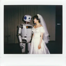 a 1 9 7 0 s polaroid photograph of two robots in love getting married.