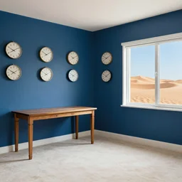 Big room with blue walls, white carpet on the floor, clocks hanging on the wall, wooden table in the corner, and a window overlooking the desert dunes, professional photograph,