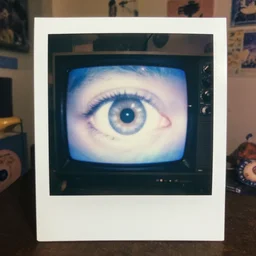 eerie Eye on analog tv screen in 2000's classic kids room vibrant blurry polaroid photo