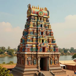 High Fantasy solitary Hindu temple typical of the Hampi style ! on a plain near a river, colorful sculptural motifs Intricate, detailed , artistic , volumetric lights warm. Joyful matte painting by Darek Zabrocki and Emmanuel Shiu, 4k ultra detailed, great composition cinematic.