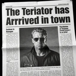 the ancient black and white newspaper says, that the terminator has arrived in town, shows a picture of him in the headlines