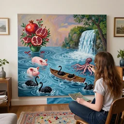 female emo art student in her lounge room, painting of flood waters inside an artist's loungeroom, a river flooding indoors, pomegranates, pigs, ikebana, water, octopus, river, rapids, waterfall, black swans, canoe, berries, acrylic on canvas, surrealist, by magritte and monet