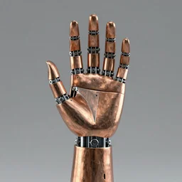 a copper robotic hand, realistic, reflective, mechanical, 4 k, detailed