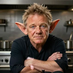 Gordon Ramsay but as a goblin, realistic, detailed, in front of a kitchen backround