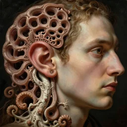 fungus labyrinth inner ear portrait by gaston bussierre and charles vess and james jean and erik jones and rhads, inspired by rutkowsky and mc escher, epic, huge scale, beautiful fine face features, intricate high details, sharp, ultradetailed
