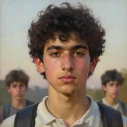 oil painting by ilya kuvshinov, baugh casey, rhads, coby whitmore, of a youthful persian - indian college student, male, curly black hair, high cheekbones, outdoors, highly detailed, breathtaking face, studio photography, dawn, intense subsurface scattering, blush, supple look, innocence, intense sunlight