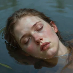 A dead body floating in a lake, closeup digital painting, artstation, concept art, Sergey Kolesov , Breathtaking, 8k resolution, extremely detailed, beautiful, establishing shot, artistic, hyperrealistic, octane render, cinematic lighting, dramatic lighting, masterpiece, light brazen, extremely detailed and beautiful face