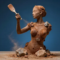 highly detailed photography of a woman made of rust clay and dressed with rocks, hand gesture, sharp focus, dust particles, dirt, dramatic scene, aesthetic, dynamic lighting, elegant, harmony, masterpiece, by roberto ferri, blue background, high quality, spatula