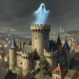 phantom ghost on top of tower in medieval city of carcassonne, digital art, intricate, highly detailed, digital painting, artstation, concept art, sharp focus, illustration, art by artgerm and greg rutkowski and alphonse mucha