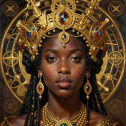 hyper realistic painting portrait of african queen, occult diagram, elaborate details, detailed face, intrincate ornaments, gold decoration, occult art, oil painting, art noveau, in the style of roberto ferri, gustav moreau, jean delville, bussiere, saturno butto