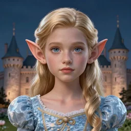 Ultra Realistic, Extreme Detailed,Cinematic, Photorealistic,Full- Body with face and both arm, Anatomical, Symmetrical, human ears insanely detailed, Normal human eyes extremely detailed, Blonde hair girl in princess dress costume, Background royal castle, Background Midnight tone 2K by artgerm _n 6