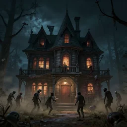 tps view, video game, haunted house, zombies, dust at night, hyperdetailed, artstation, cgsociety, 8 k
