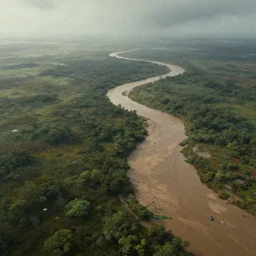realistic full height 7 0 mm cinematic rothko picture stunning dry river delta aerial top view highly detailed intricate particle simulation in houdini of dense swampland by denis villeneuve and hiroshi yoshida, hazy morning foggy, distant rainstorm, hyperrealism, muted moorland colors, matte painting, trending on artstation, 4 k detailed post processing, rendered in octane