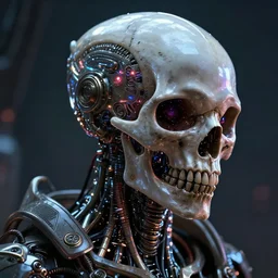 futuristic steampunk alien portrait, mechanical internals, exposed wire sparks, hyper realistic shiny textures, 8 k, skull, cyberpunk, intricate details, fluorescent glow, science fiction space horror, unreal engine, dark, heavy shading, depth of field