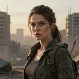 portrait of a survivalist woman in a post apocalyptic city at dawn, beautiful digital concept art trending on artstation, ultra - realistic lifelike high details, realistic face, cinematic lighting