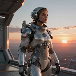 extremely detailed girl in futuristic space suit looking far into the distnace in space, stunning volumetric light, sunset, metal, concrete and translucent material, stunning skies, trending on Artstation, 8k, photorealistic, hyper detailed, unreal engine 5, IMAX quality, cinematic, epic lighting, in the style of Greg Rutkowski