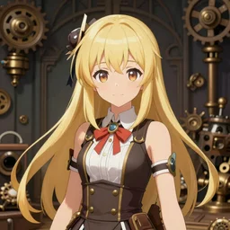 An illustration of single teenager girl as この素晴らしい世界に祝福を, light skin, steampunk background, digital painting, game promotional poster, soft light, highly detailed, sharp focus, art by Yabuki Kentarou, trending on Pixiv.