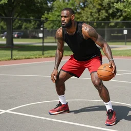mr. bean guarding lebron james on an outdoor street basketball court