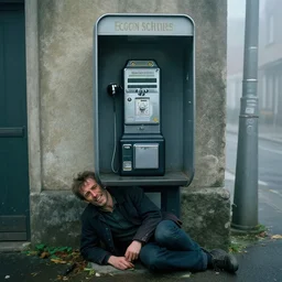 a scene of an old school pay phone in a shady part of a city that is ( ( foggy ) ) with a man slumped against the base with a disturbed grin on his face by egon schiele